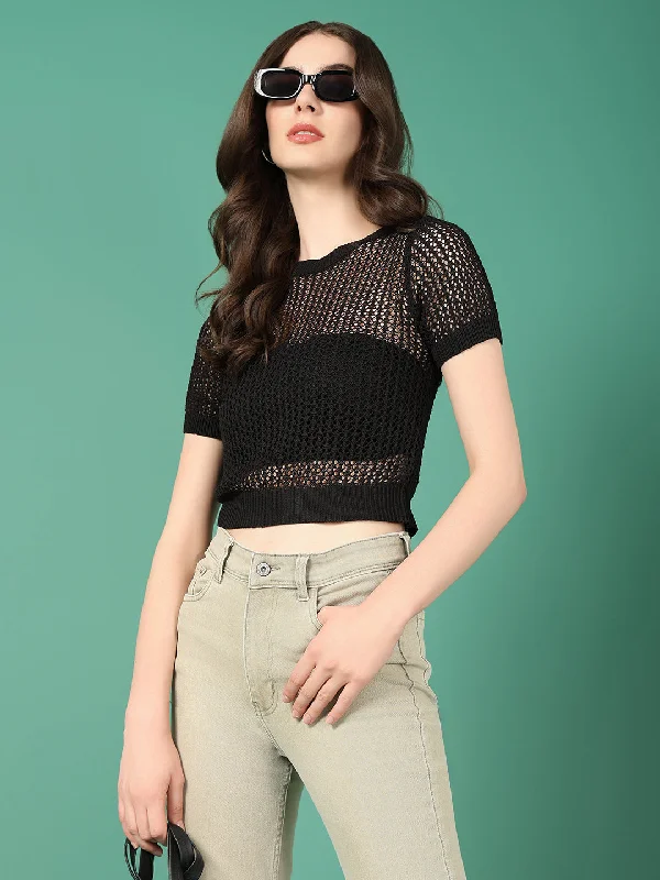 Women Black Solid Crochet Crop Top-BEC-91039-Black