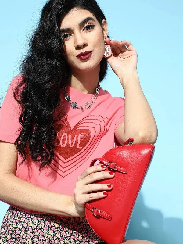 Pink With Red Glitter Heart Crop Boxy T-Shirt