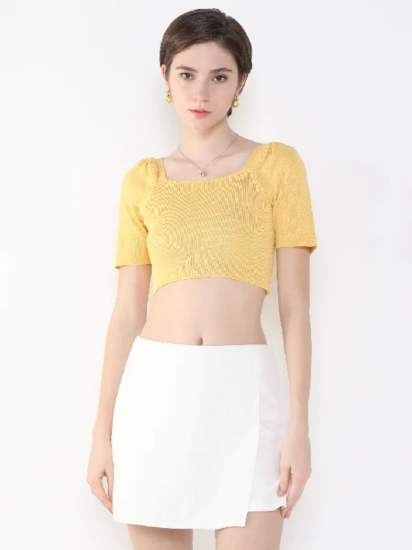 Women Solid Mustard Fitted Crop Top-OC-9979-Mustard