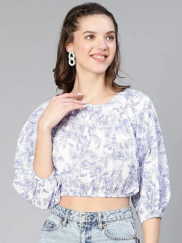 Muffy Blue Tropical Print Elastiacted Women Cotton Crop Top