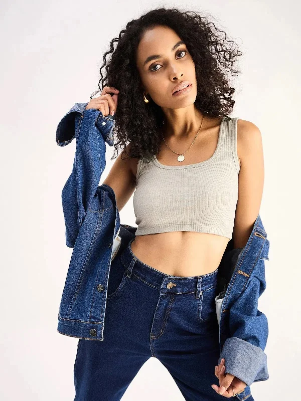 Women Grey Rib Square Neck Cropped Tank Top