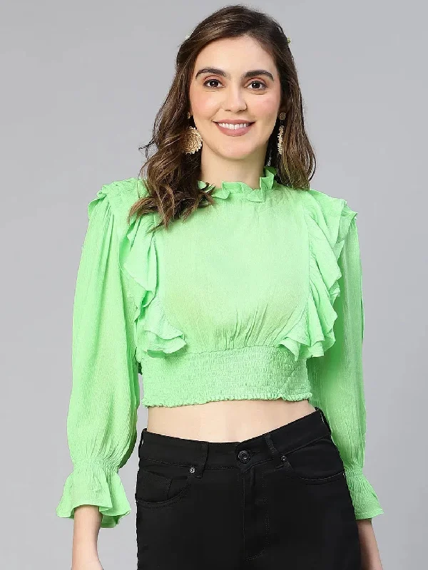 Misshy Green Ruffled Long Sleeve Women Casual Crop Top