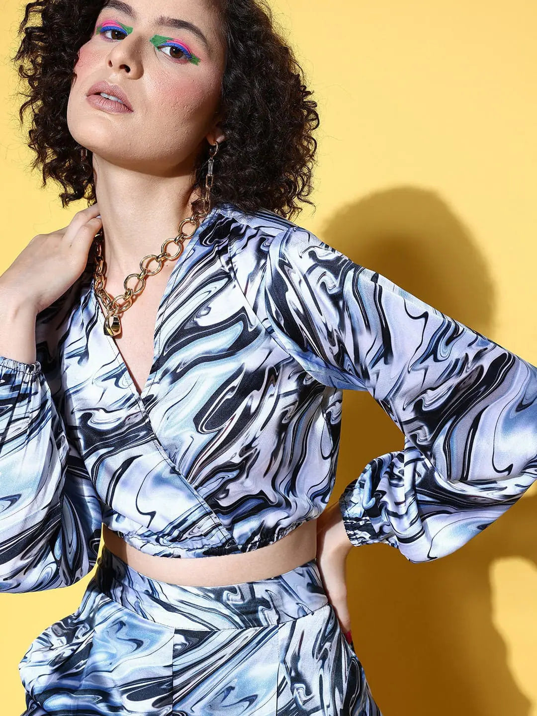 Women Blue & Black Satin Marble Print Wrap Crop Top