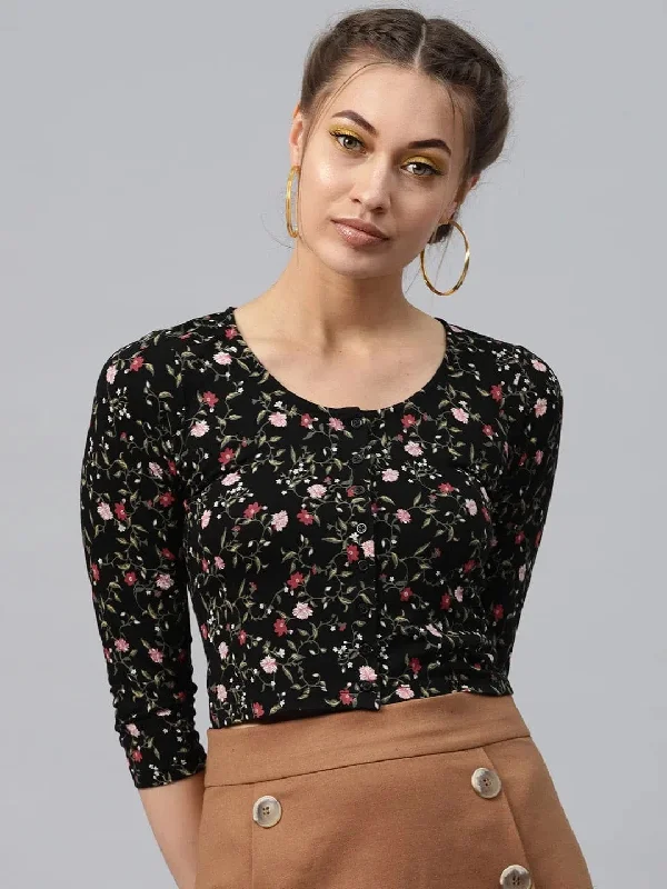 Black Floral Front Button Crop Top