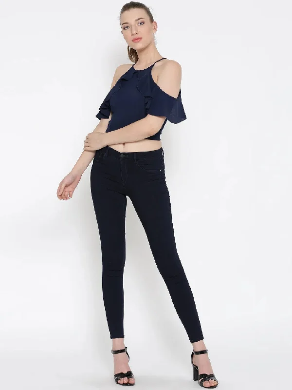 Navy Blue Frilled Cold Shoulder Crop Top