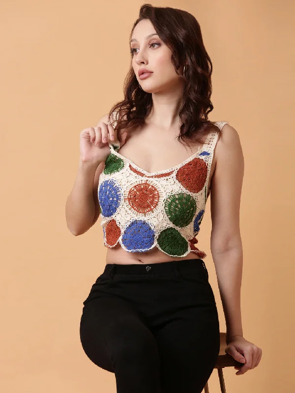 Women Brown Solid Crochet Crop Top-TG-027A-Brown