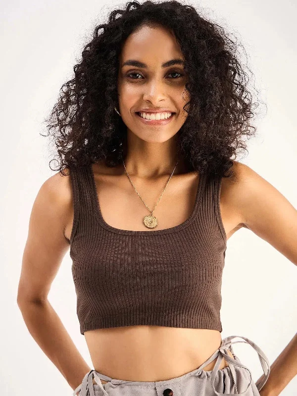 Women Brown Rib Square Neck Cropped Tank Top