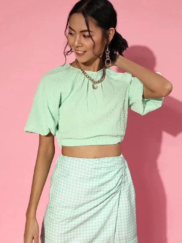 Women Mint Green Balloon Sleeve Boxy Crop Top