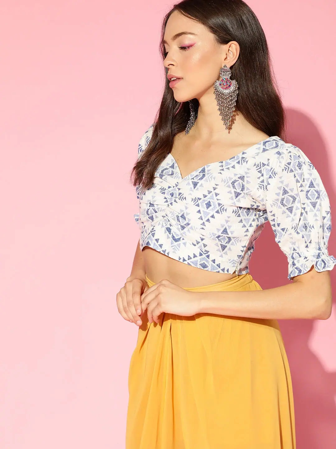 Ahika Off White Blue Pure Cotton Blouson Crop Top