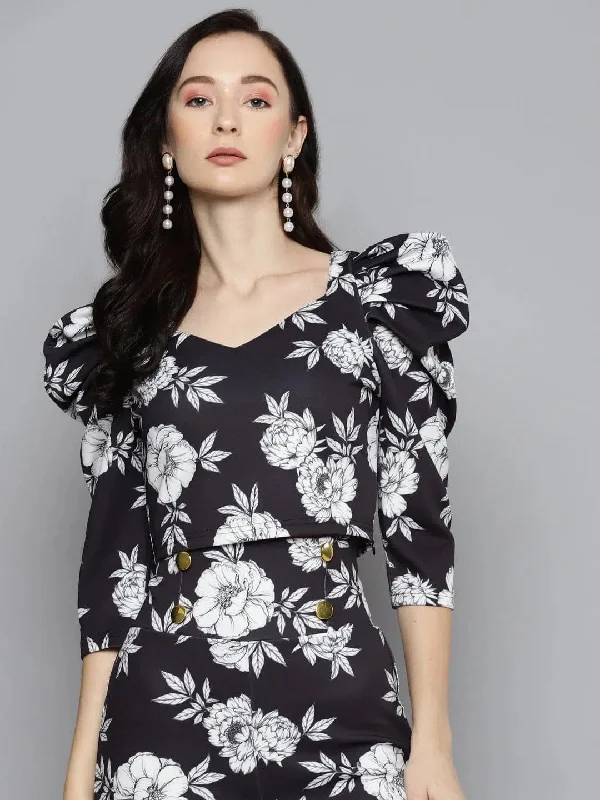 Black Floral Scuba Sweetheart Neck Crop Top