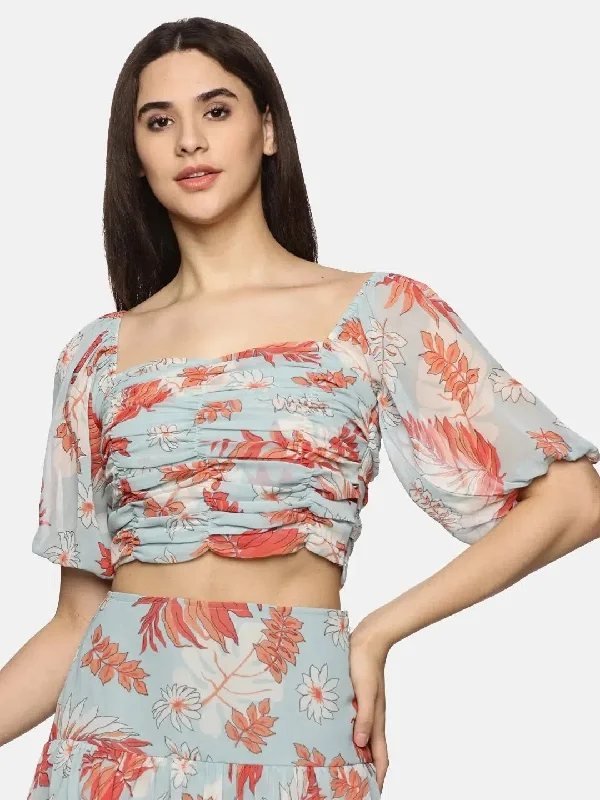 Floral light Blue Rushing Detail Crop Top-17375