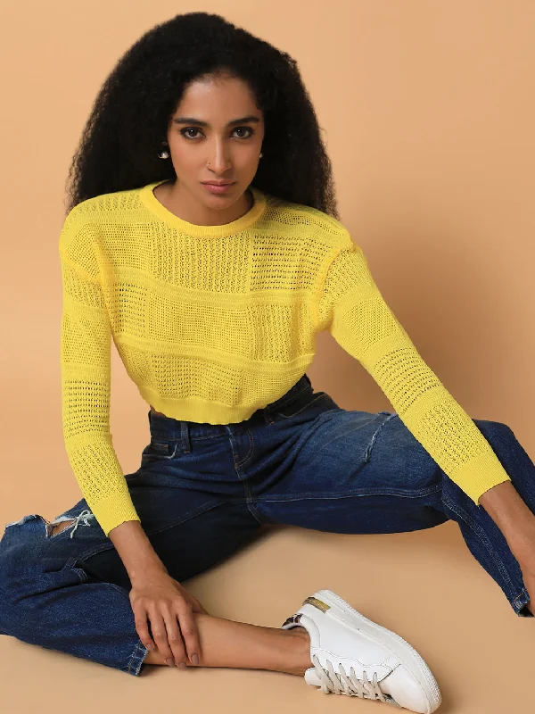 Women Solid Yellow Crochet Crop Top-SNC-1897-Yellow