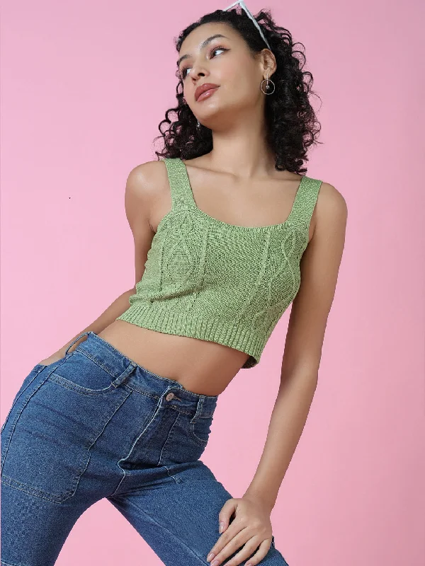 Women Green Solid Crochet Crop Top-BEC-73101-Green