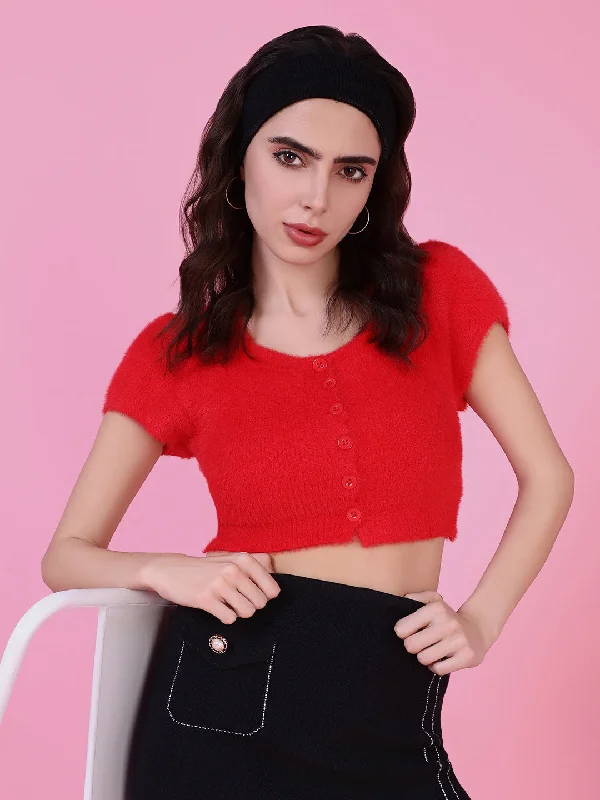 Women Red Solid Crop Top-OC-9323-Red