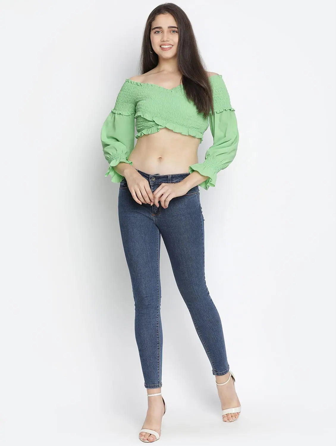 Gentle Pretty Green Smocked Women Off-Shoulder Crop Top