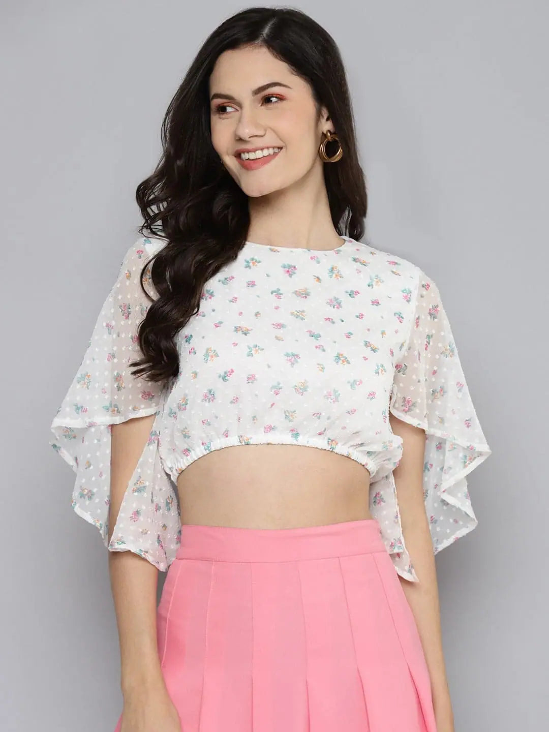 Women White Dobby Floral Butterfly Sleeve Crop Top