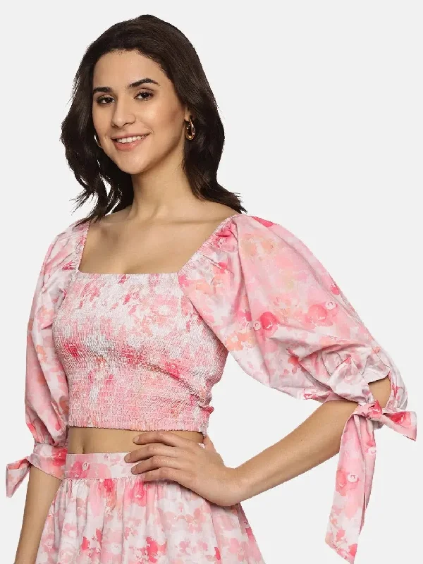 Floral Pink Smocking Crop Top-17320