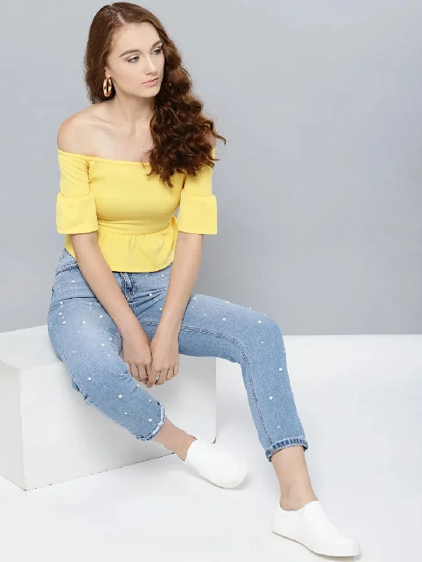 Yellow Frilled Bardot Crop Top-VVV865-XS