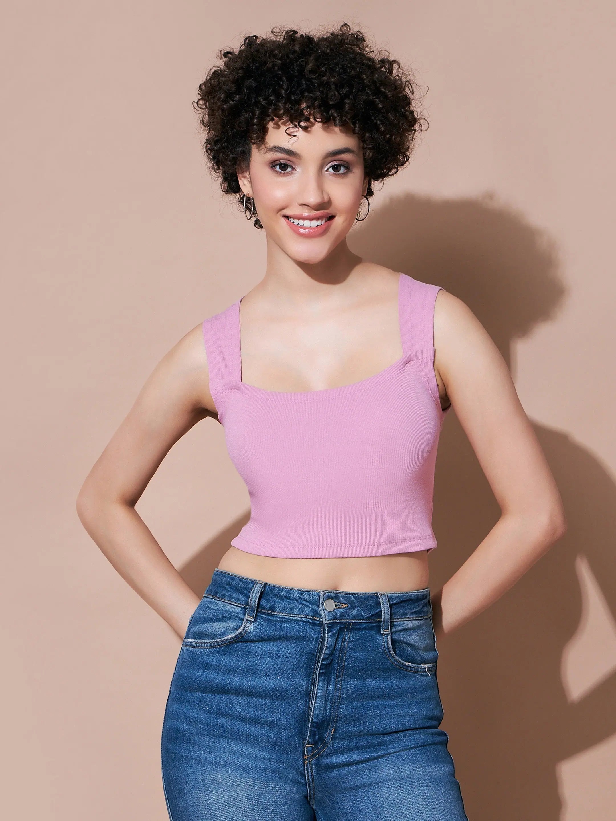 Women Dull Pink Rhombus Neck Ribbed Crop Top