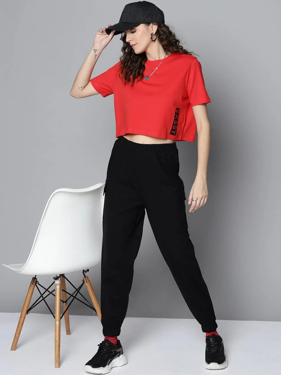 Women Red SASSY Side Boxy Crop T-Shirt