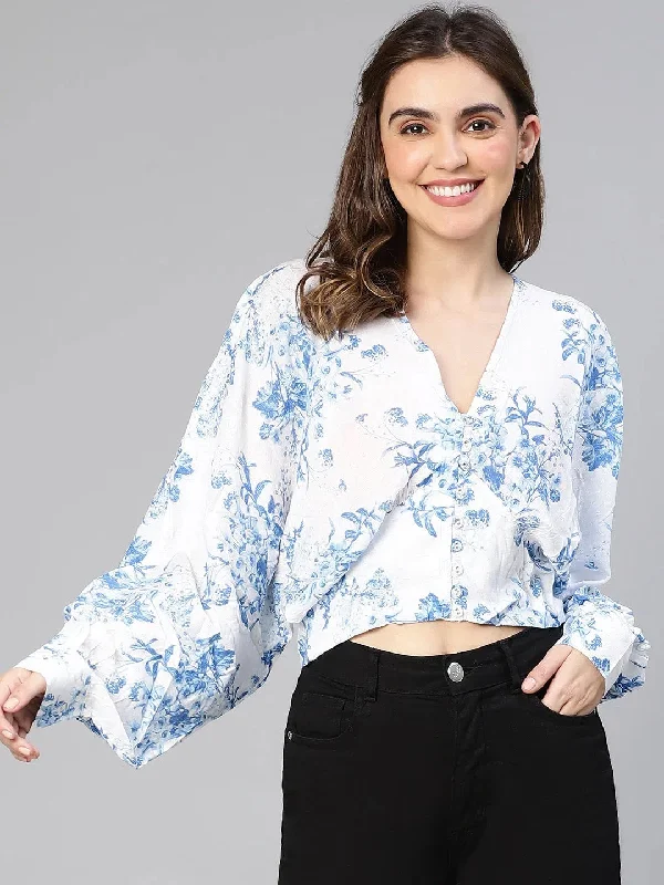 Blue & White Tropical Print Elasticated Women Crop Top