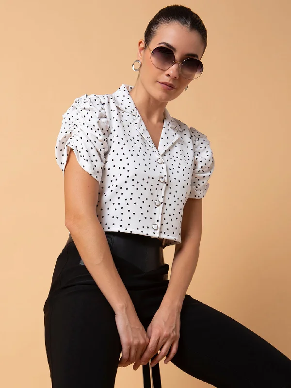 Women Polka Dots White Blouson Crop Top-AE-10676-White