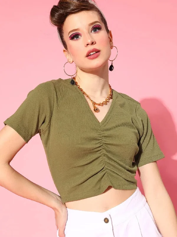 Women Olive Gather Detail Crop Top