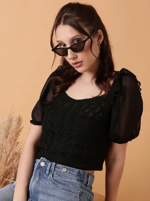 Women Black Solid Crochet Crop Top-OC-8666-2-Black