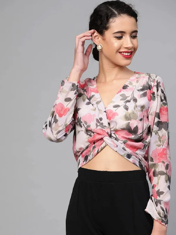 Beige Floral Front Twisted Crop Top