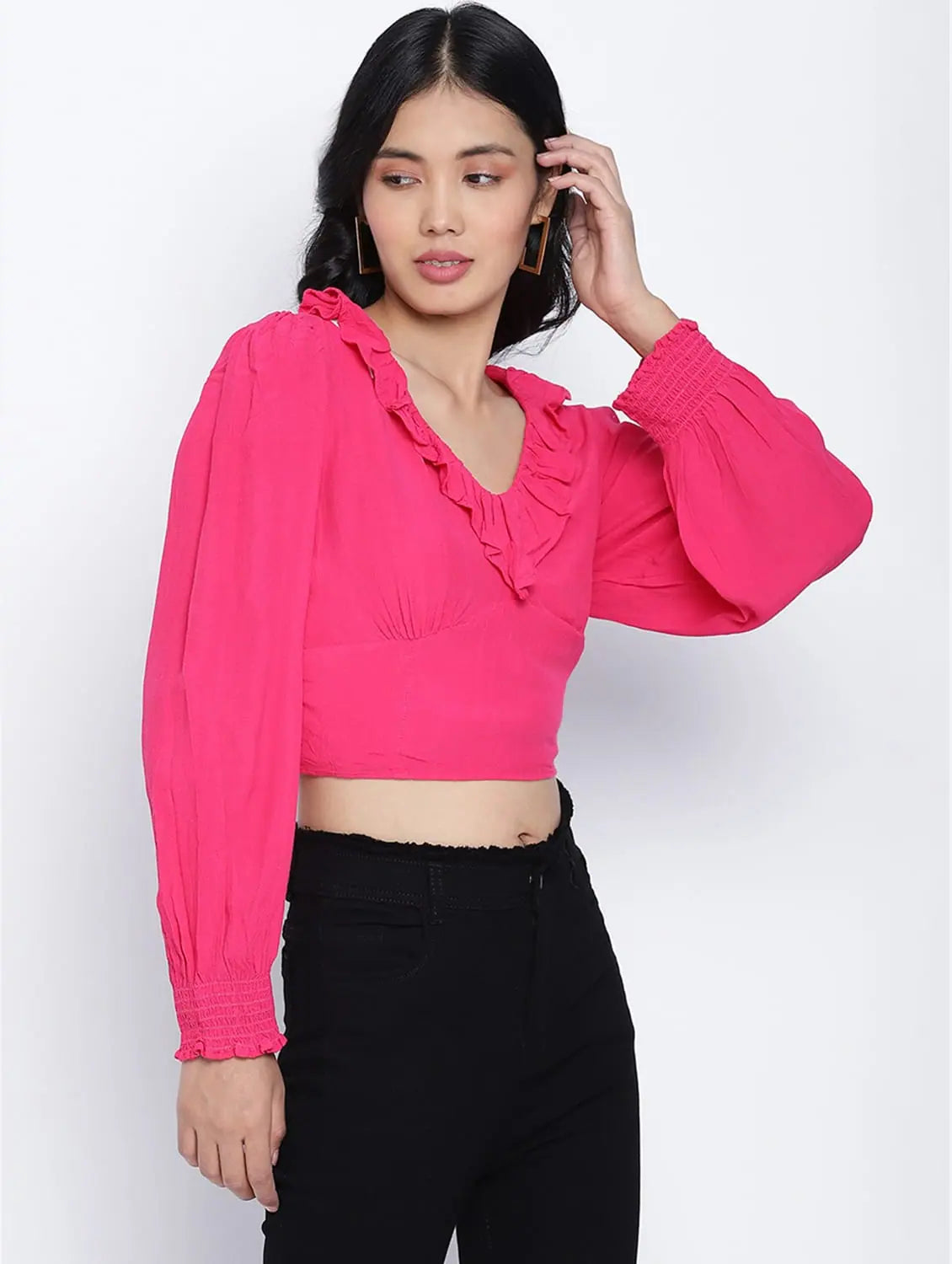 Poppy Pink Frilled Design Women Crop Top