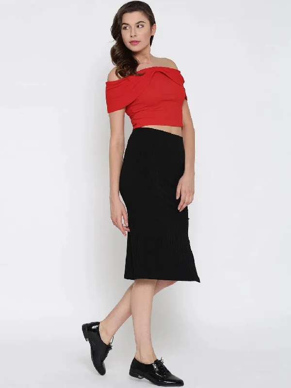 Red Bow Front Bardot Crop Top