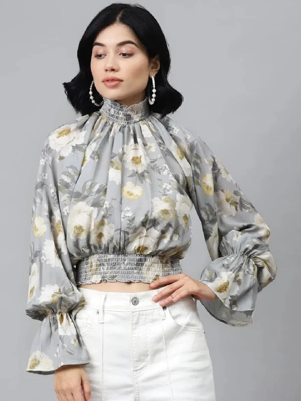 Grey Floral Smocking Detail Crop Top