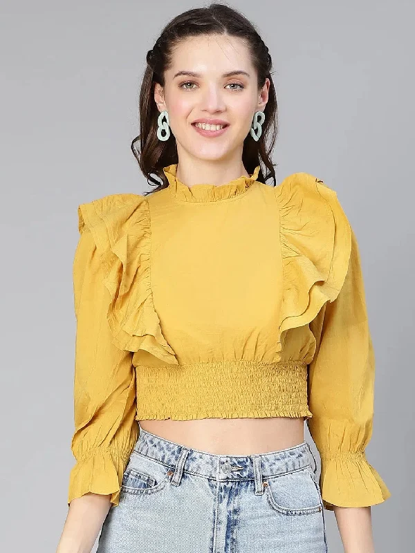 Facile Mustard Ruffled Bell Sleeve Women Casual Crop Top