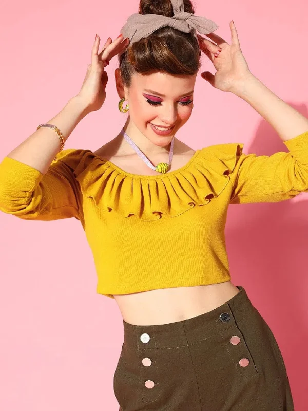 Women Mustard Frilly Neck Rib Crop Top