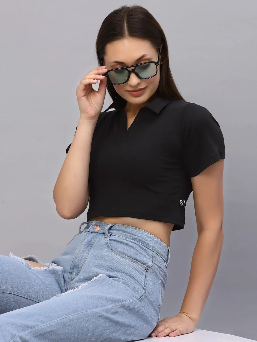 Rigo Women Black Solid Collared Crop Top