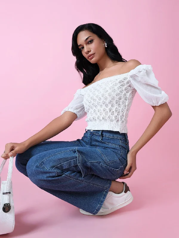 Women White Solid Crochet Crop Top-OC-8666-2-White