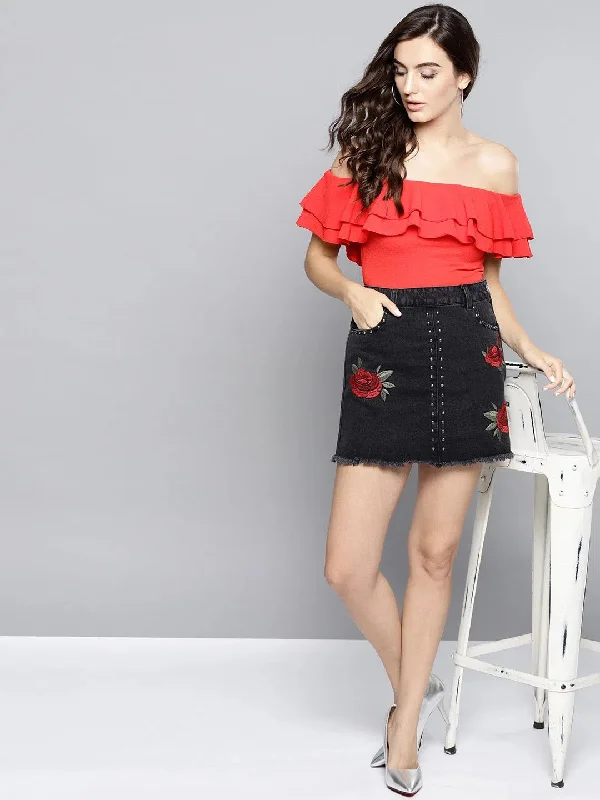 Red Frilled Bardot Crop Top-VVV781-XS