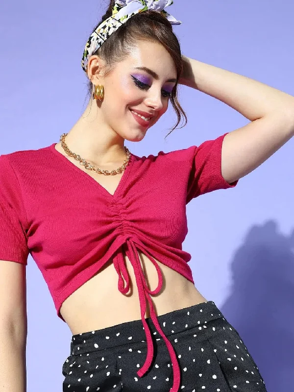 Women Fuchsia Ruched Crop Top