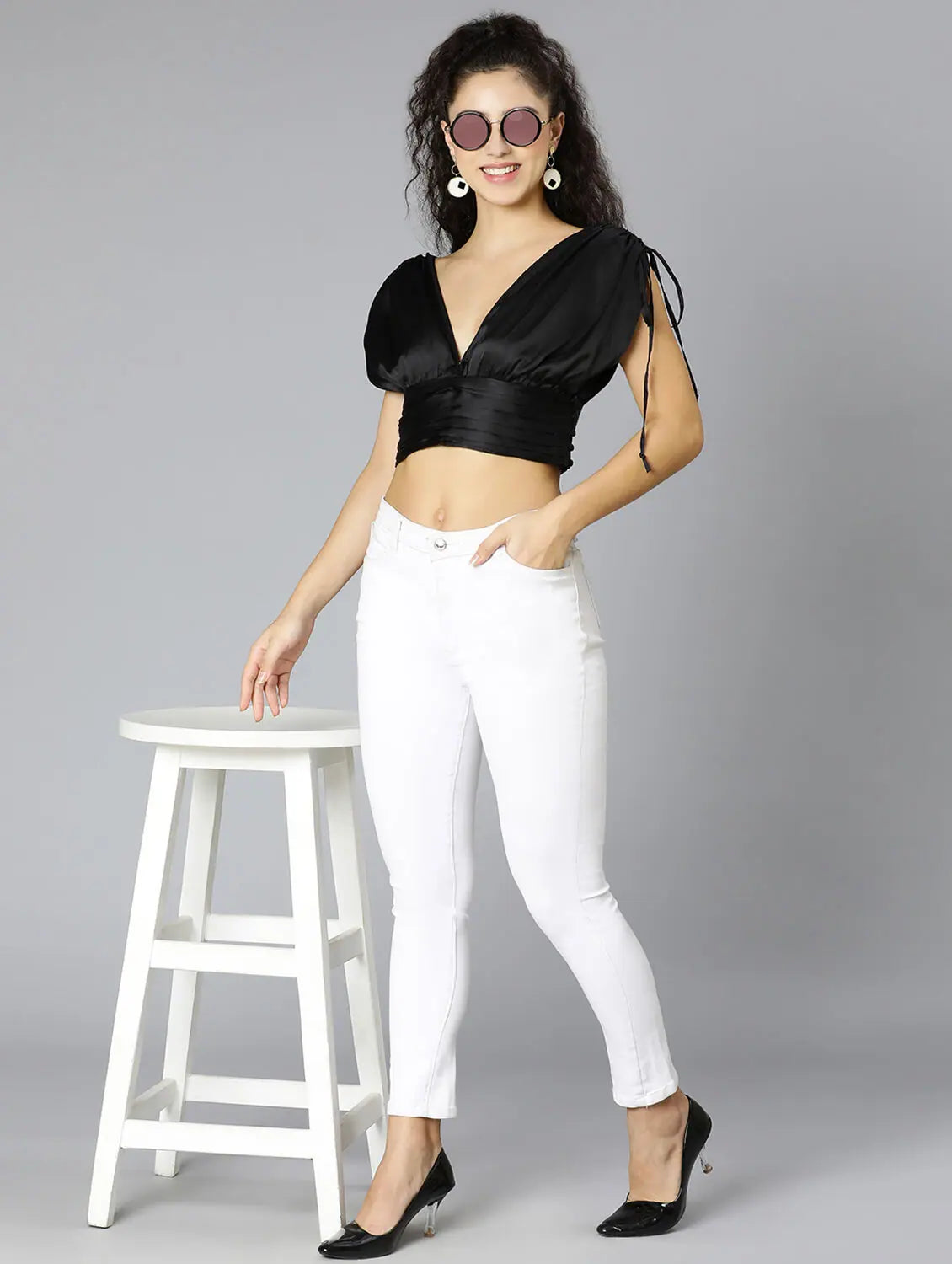 Ignited Satin Black Women Party Wear Crop Top