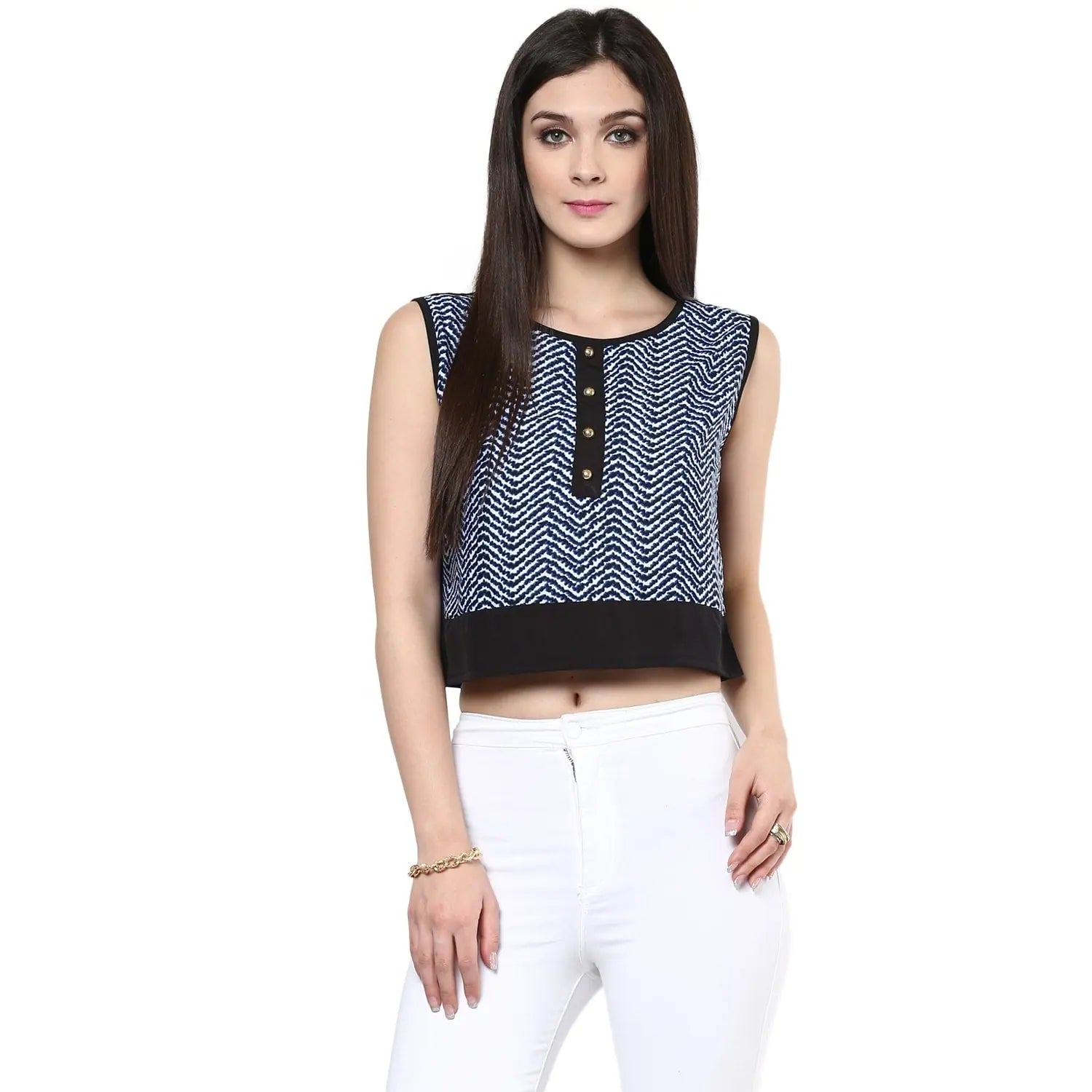 Pannkh Women's Blue Buttoned Crop Top