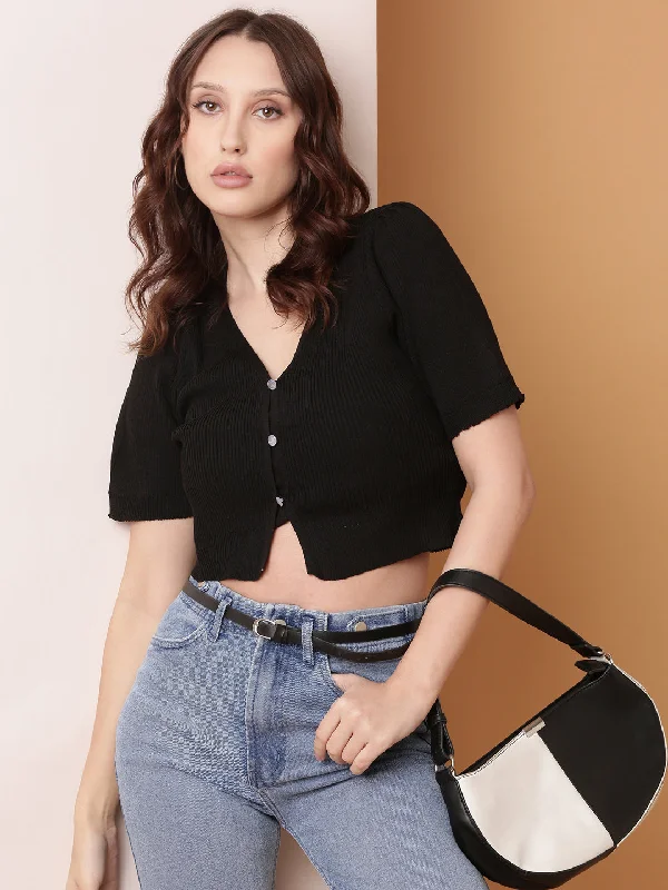 Women Black Solid Crop Shrug-OC-80021-Black