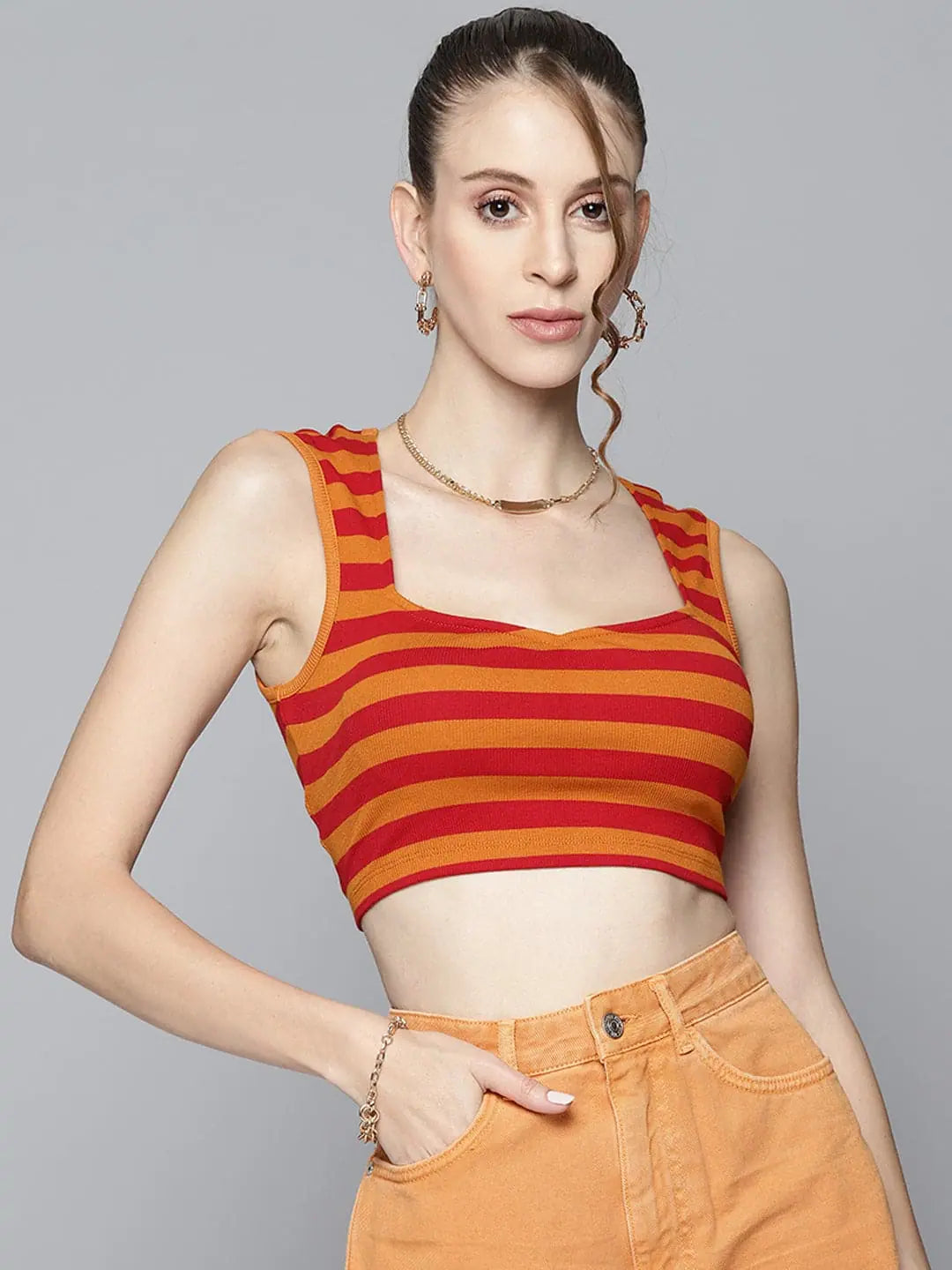 Women Rust & Red Rib Sweetheart Neck Crop Top