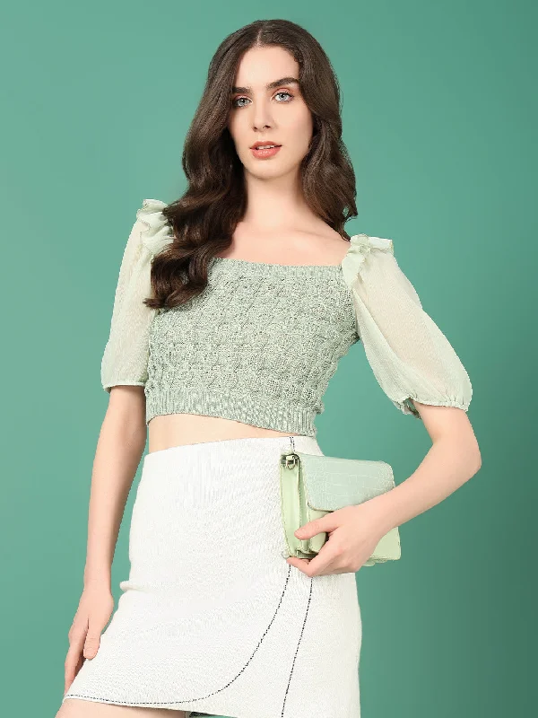 Women Sea Green Solid Crochet Crop Top-OC-8666-2-Seagreen