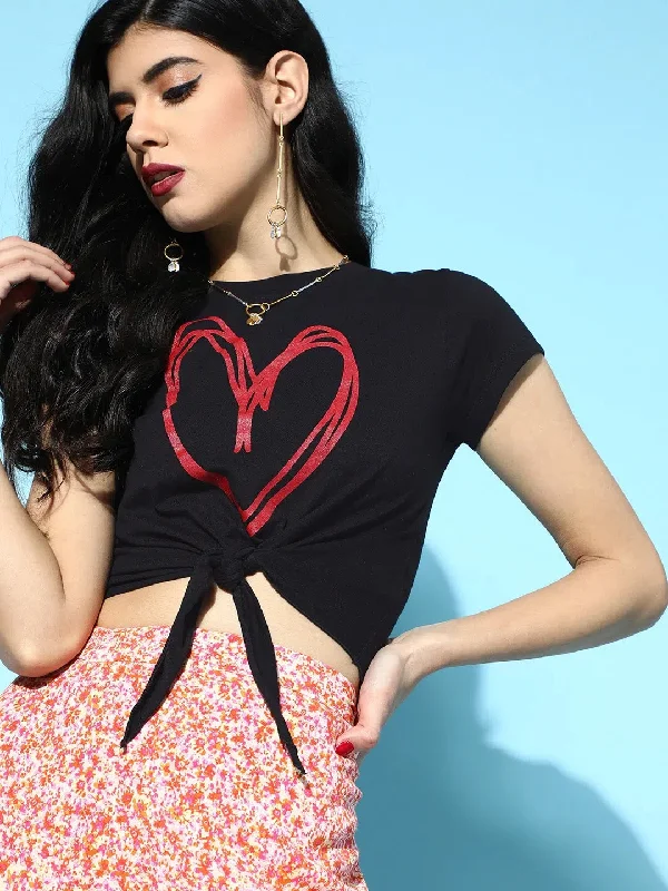 Black With Red Heart Foil Tie-Knot Crop T-Shirt