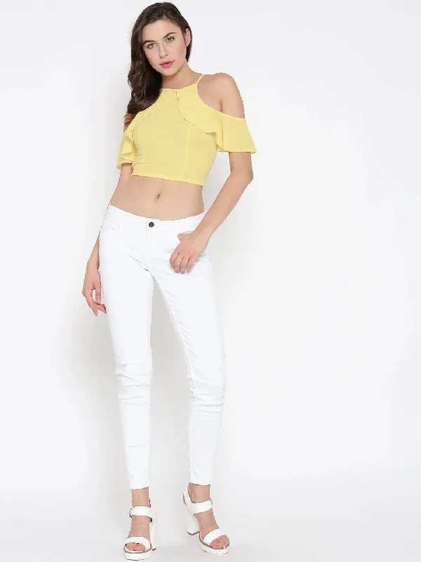 Yellow Frilled Cold Shoulder Crop Top