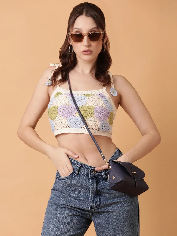 Women Blue Solid Crochet Crop Top-TG-027-Blue