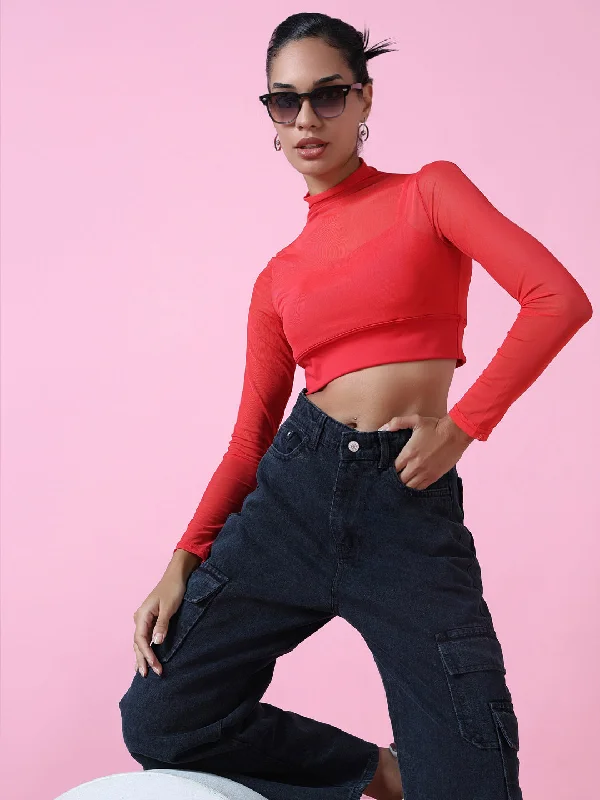 Women Red Solid Sheer Crop Top-AR-889-Red