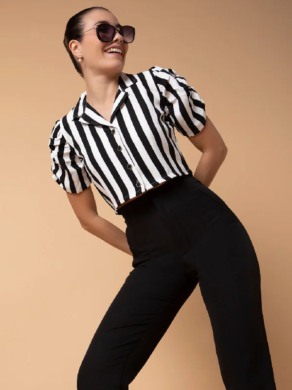 Women Striped Black Blouson Crop Top-AE-10675-Black