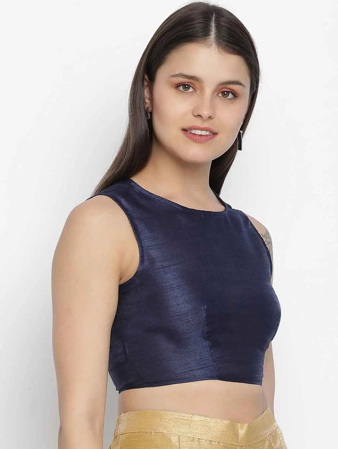 Vansic Navy Blue Dupion Silk Women Crop Top