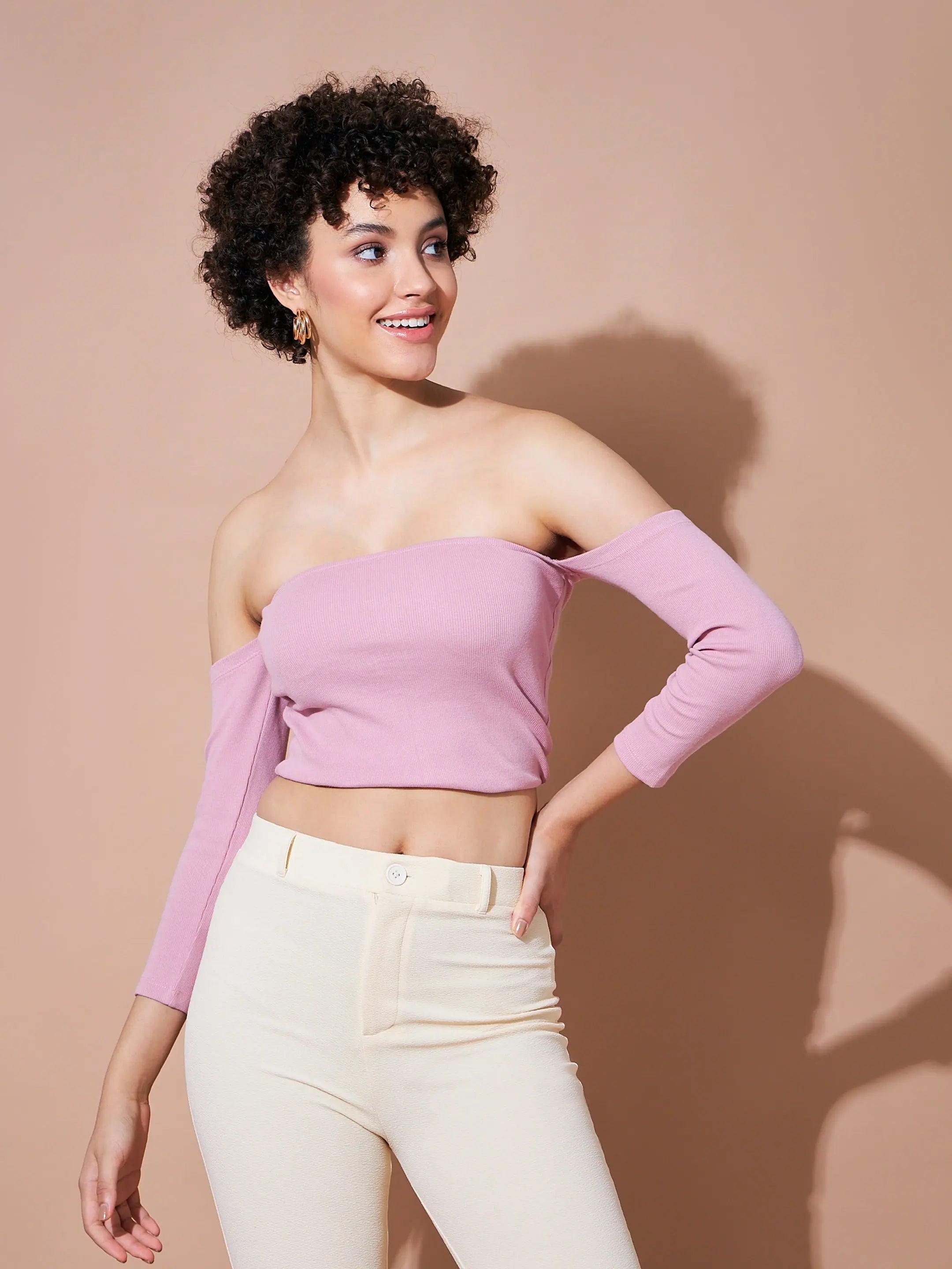 Women Dull Pink Ribbed Bardot Crop Top